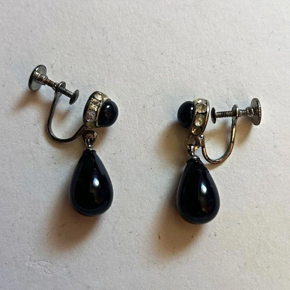 Silver Tone Black Teardrop Dangle/Drop Screw Back Metal Lobe Earrings